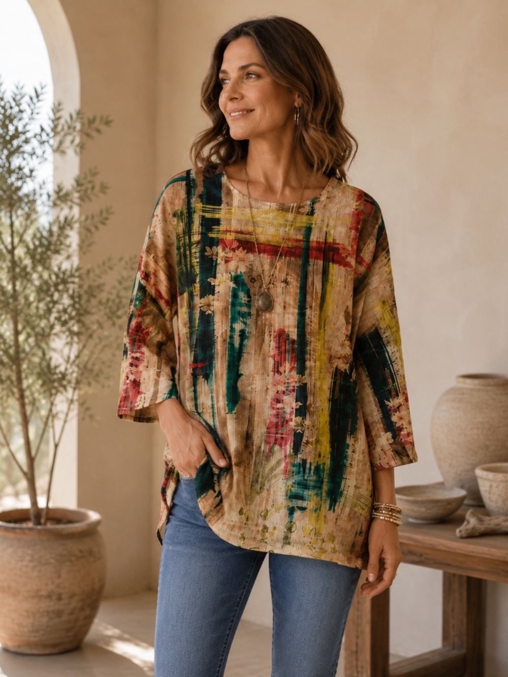 NWT Ali Miles Abstract Print Chenille Tunic XL Colorful Artsy Textured Top